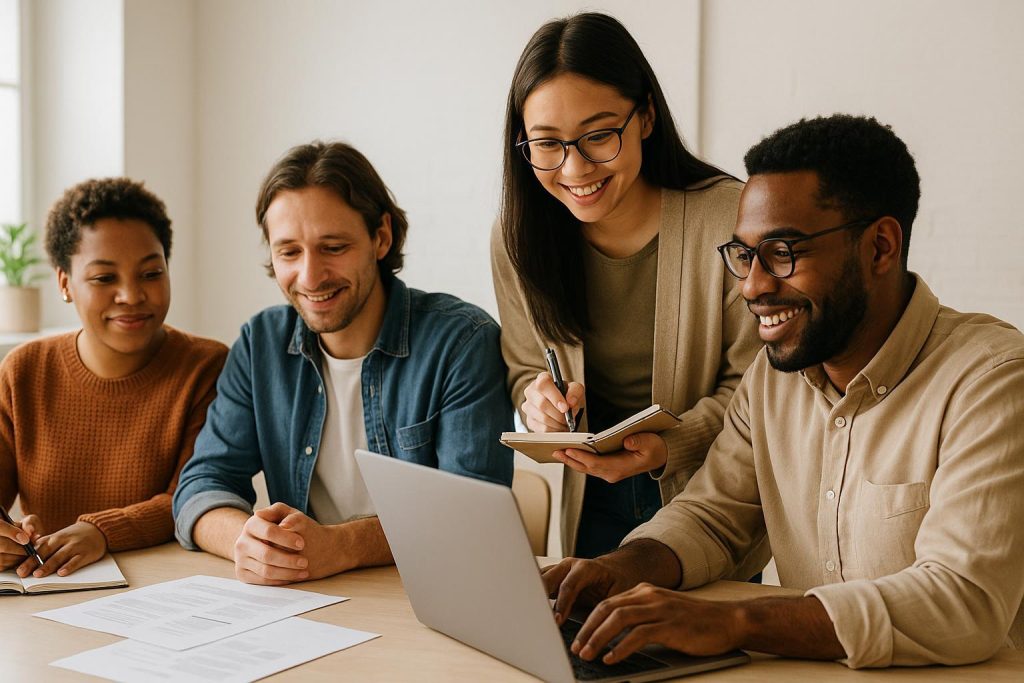 Diverse office team collaborating under specialized training to stay aligned across project timeline phases.