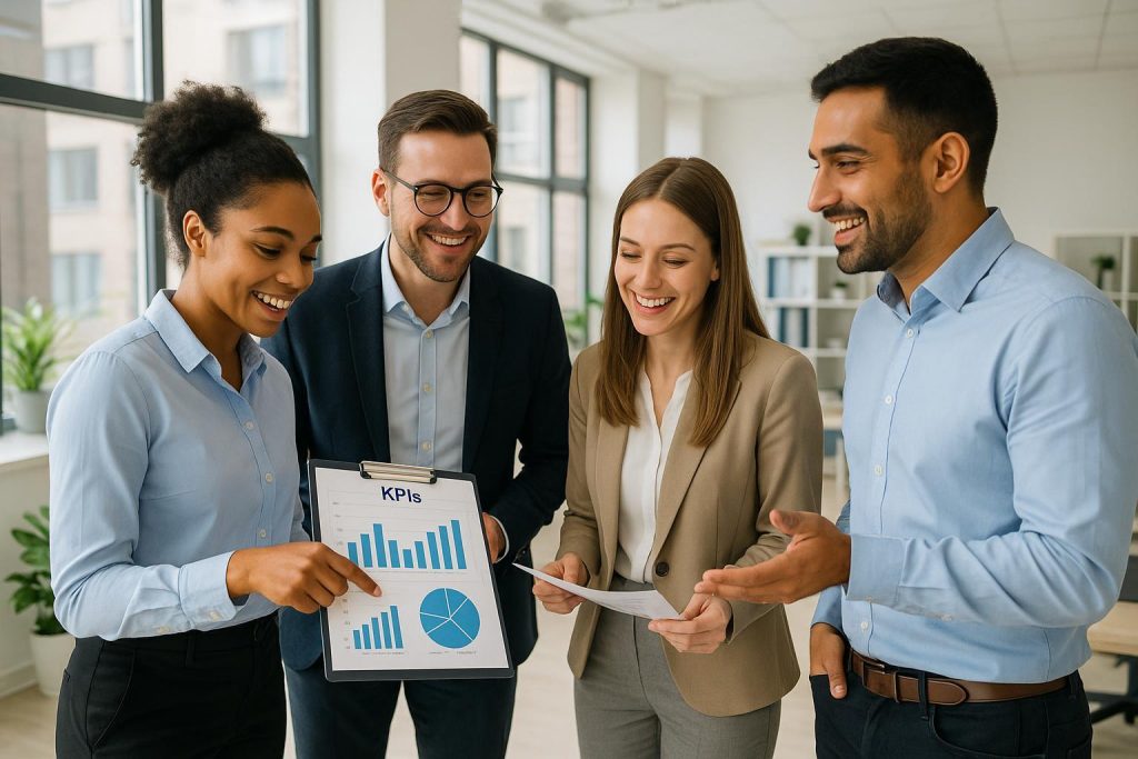 Professionals in a modern office collaborating on innovation management KPIs.