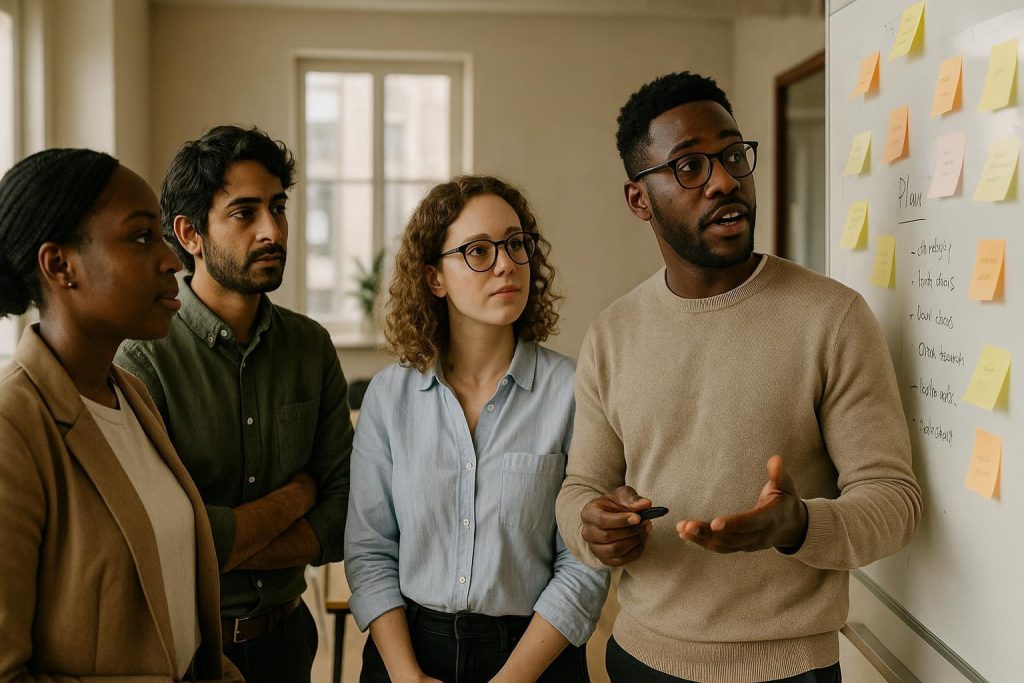 Professionals brainstorming around a whiteboard, showcasing idea management benefits.