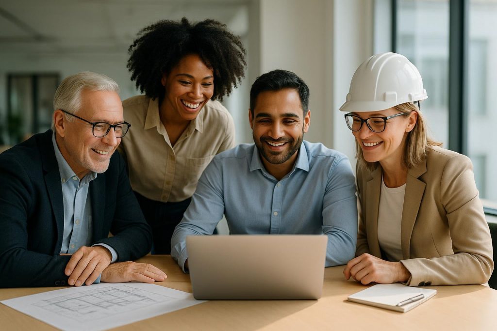 Professionals collaborating in an innovation consulting setting across different industries.