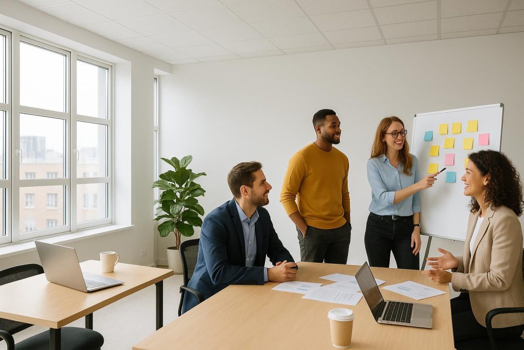 Modern workspace with a small team collaborating, illustrating innovation consulting success.