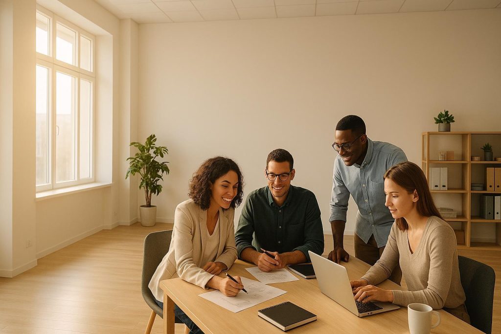 Professionals in a bright workspace discussing new ideas, highlighting the impact of innovation consulting.