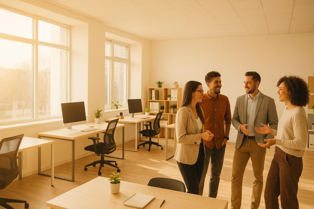 Professionals discussing innovation consulting in a modern office setting.