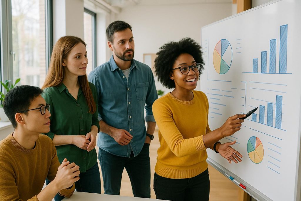 Team collaboratively reviewing an innovation strategy on a whiteboard.