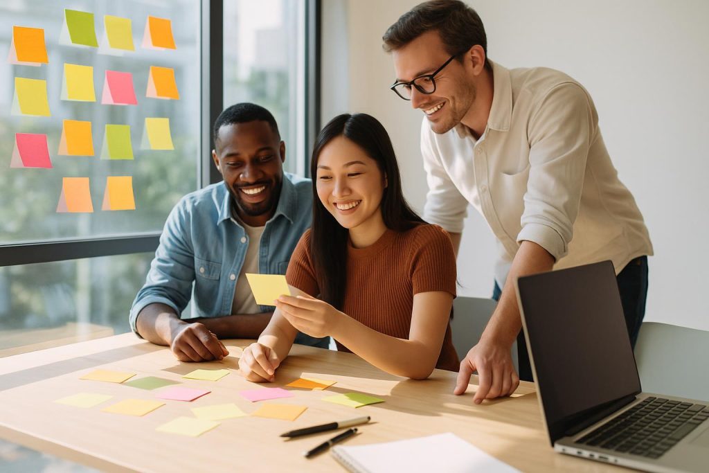 Modern workspace with sticky notes showing a structured approach for process-driven execution.