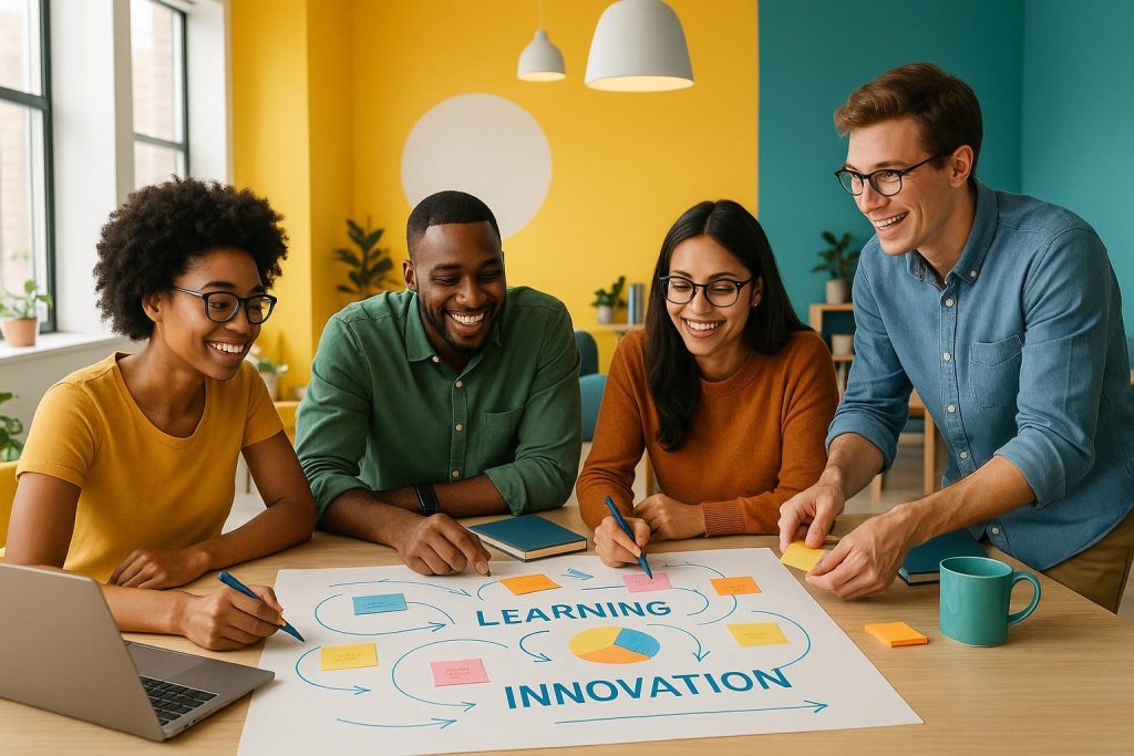 Team collaborating in a bright workspace, emphasizing continuous learning for innovation strategy