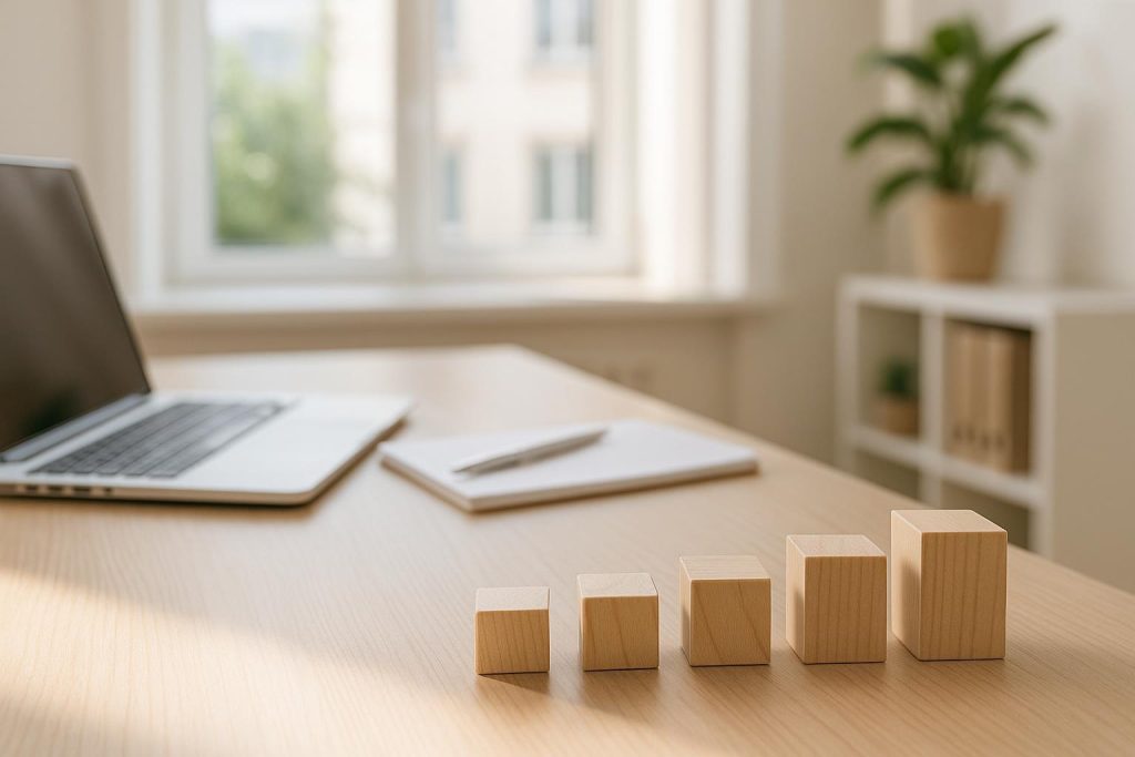 Five stacked blocks in a bright space illustrating strategic planning.
