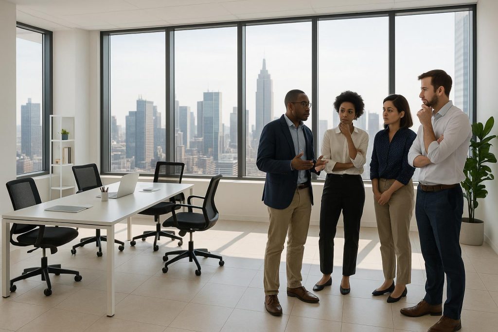 Group of professionals in a modern office discussing strategic planning.