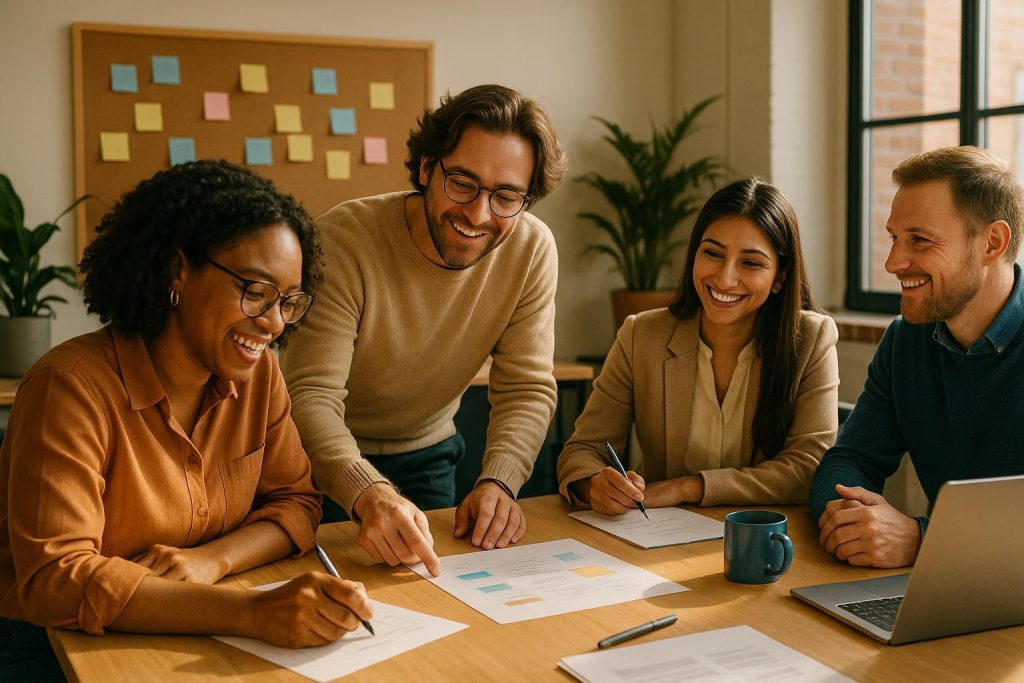 Team of professionals engaged in an interactive workshop to fuel corporate innovation.