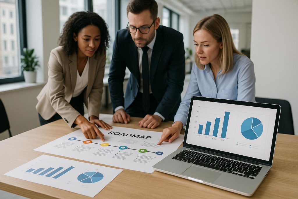 Colleagues discussing strategic roadmapping charts in a bright office.