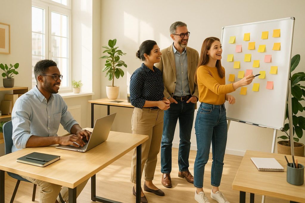 Team discussing roadmap delivery steps at a whiteboard in a bright workspace.