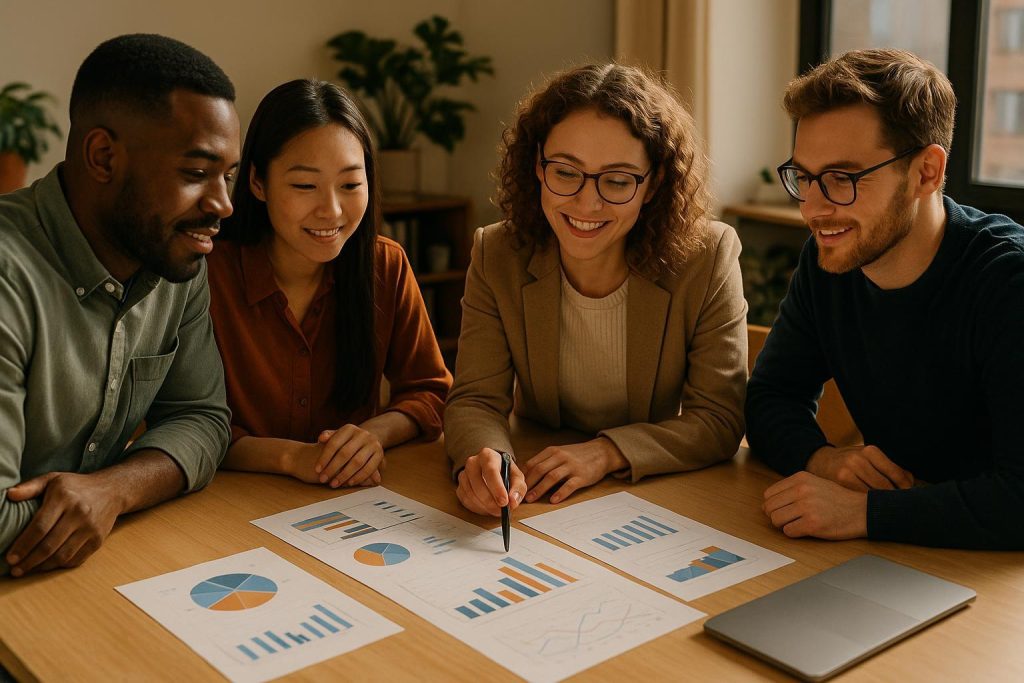 Team reviewing strategic roadmapping in a bright office setting.