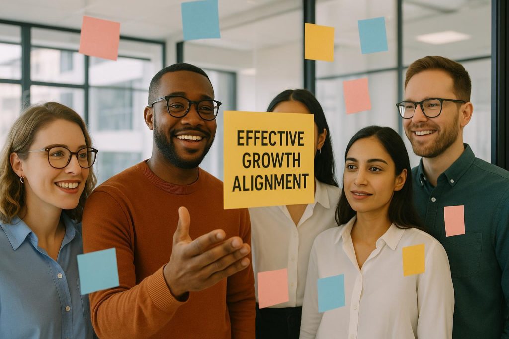 Diverse professionals discussing goal check-ins to align broader growth objectives in a modern office environment.