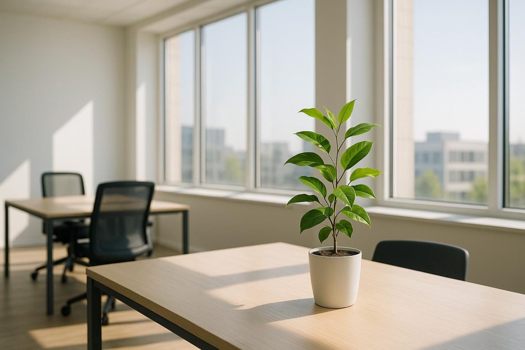 Small green plant in a bright office representing long-term impact on innovation sustainability.