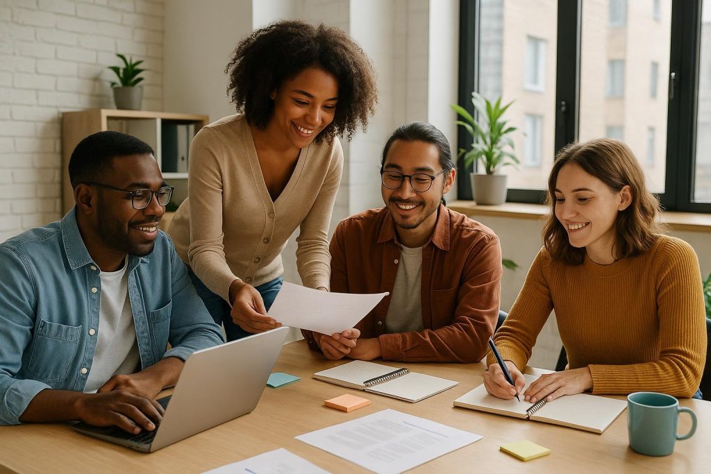 Diverse team collaborating in open workspace, symbolizing business innovation efforts.