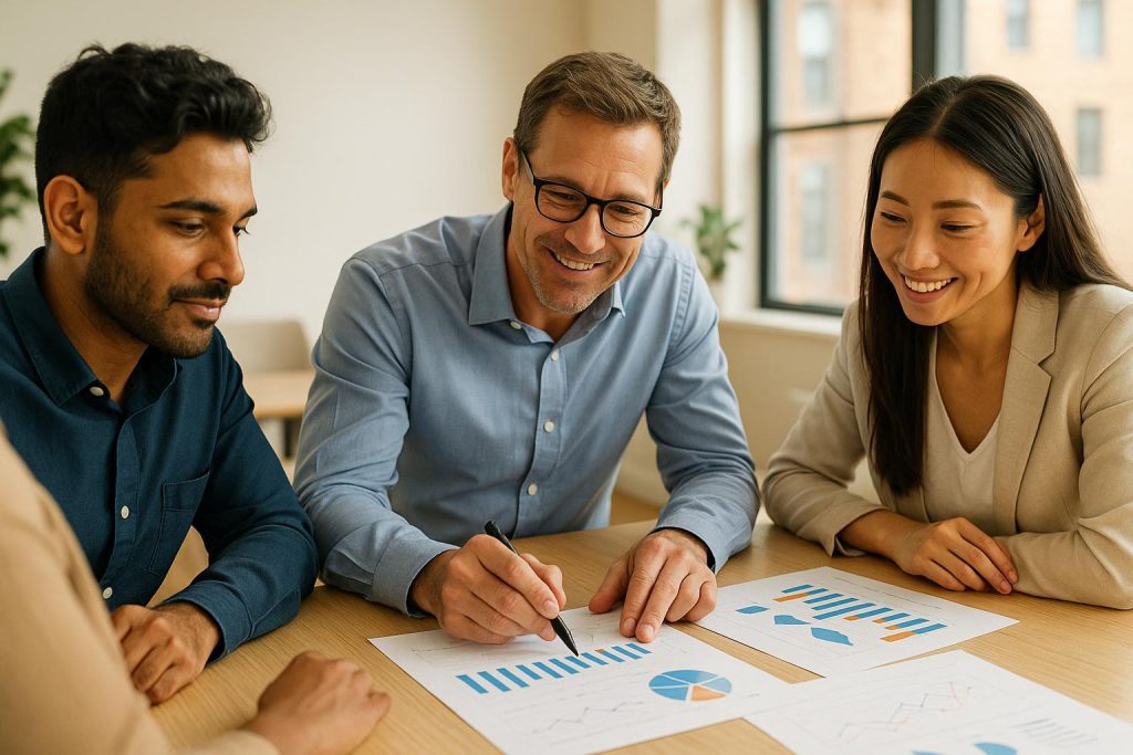 Group of professionals reviewing data to measure ROI in a business innovation context