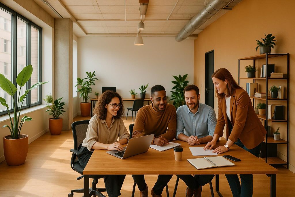 Team in a modern office discussing daily routines and continuous innovation.