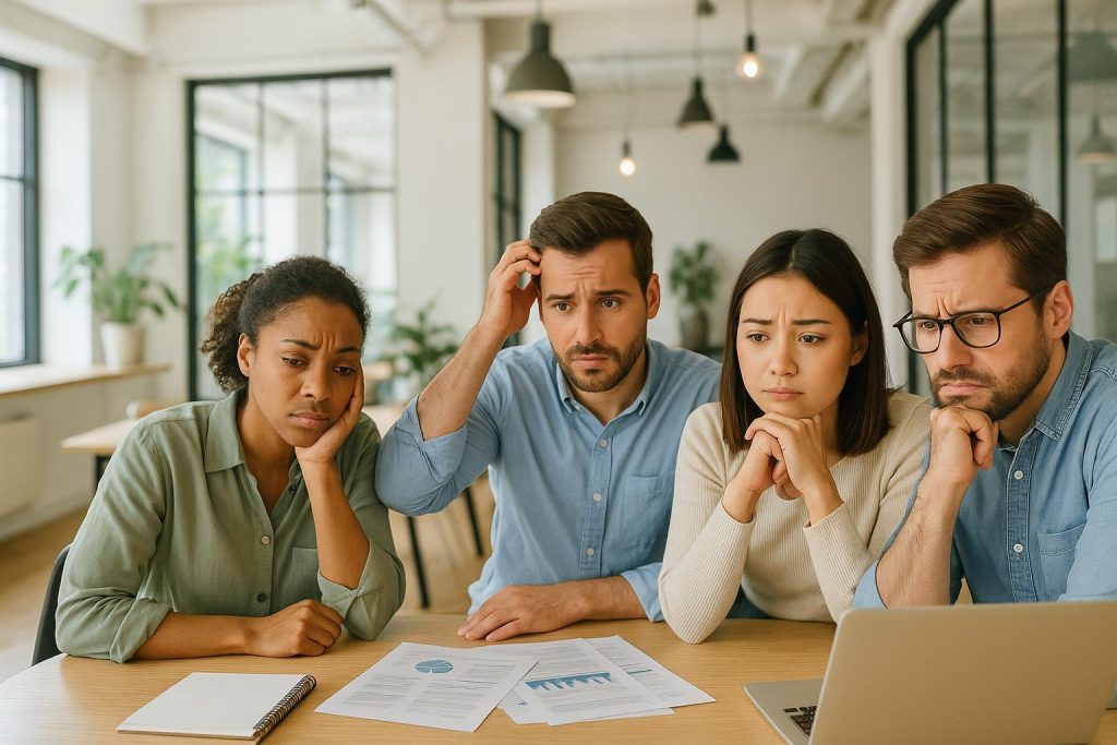 Office team looks uncertain around a table, suggesting lack of innovation readiness.