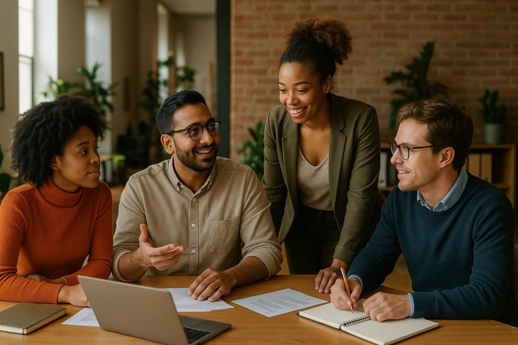 Diverse team working together to achieve strategic growth goals in a modern office.