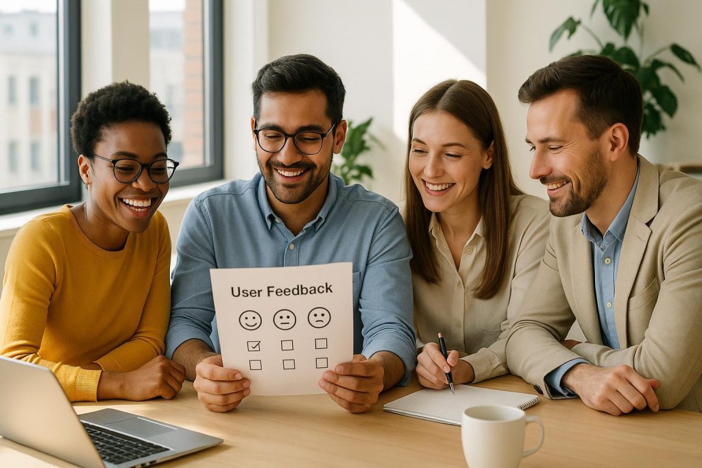 Professionals discussing user feedback for corporate innovation in a bright office.