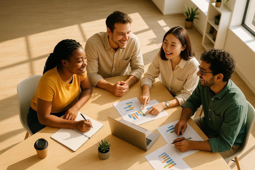 Team discussing outcome-focused plans to drive sustained growth in a modern, sunlit workspace.
