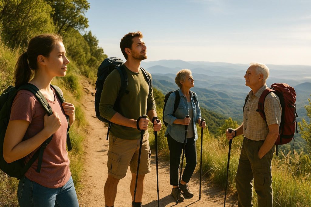 Hikers paused on a mountain path, symbolizing growth challenges.
