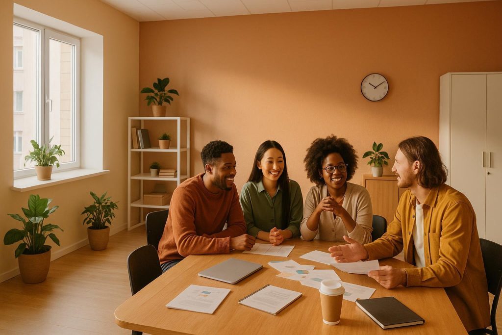 Professionals in a workshop demonstrating cross-functional synergy for initiative stage reviews