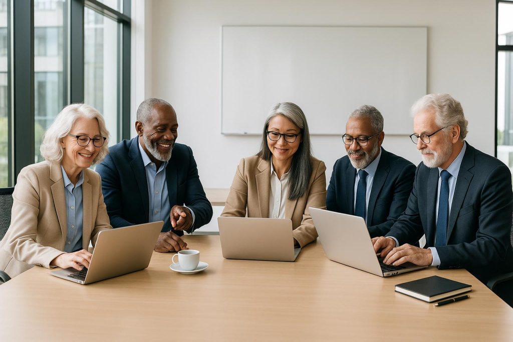 Senior leadership team discussing innovation management tools in a modern boardroom.